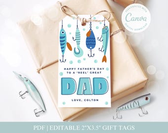 Editable Fathers Day Tag, Reel Great Dad digital tag, Fishing Fathers Day Gift Tag, Personalized Instant Download Canva