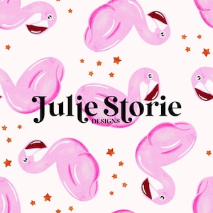 May include: A seamless pattern featuring pink flamingos and gold stars on a white background. The text "Julie Storie Designs" is centered on the pattern.