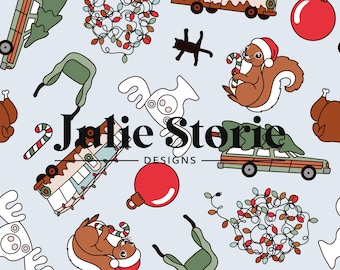 May include: A light blue background with a repeating pattern of Christmas-themed illustrations. The illustrations include a vintage station wagon, a Christmas tree, a squirrel, a moose, a candy cane, a wreath of Christmas lights, and a red ornament. The text "Julie Storie Designs" is in the center of the pattern.