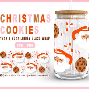 Biscoitos de Natal e Leite SVG para lata de vidro Libbey de 16 onças e 20 onças, caneca de Papai Noel svg, padrão fofo de Natal svg, arquivo de corte de caneca de Papai Noel PNG