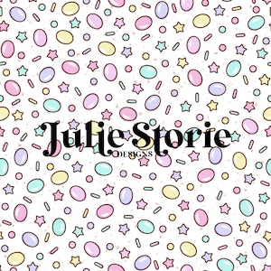 May include: A seamless pattern featuring pastel-coloured jelly beans, yellow stars, and brown sprinkles on a white background. The text "Julie Storie Designs" is centred on the pattern.
