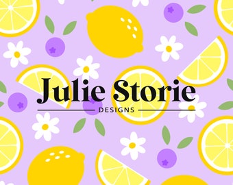 Purple Lemons and Daisies Seamless Pattern, Lilac and Lemons Seamless Design, Lemon and Blueberry Pattern