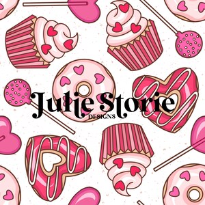 May include: A seamless pattern featuring pink and white cupcakes, doughnuts, hearts, and lollipops. The pattern is on a white background with a subtle speckled texture. The text "Julie Storie Designs" is centred in the pattern.