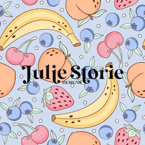 May include: A repeating pattern featuring illustrations of fruits including bananas, peaches, strawberries, cherries, and blueberries, with small stars on a light blue background. The text "Julie Storie DESIGNS" is overlaid on the design.