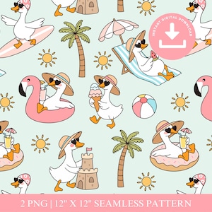 May include: A repeating pattern of cartoon geese on holiday. The geese are depicted surfing, sunbathing, and enjoying ice cream. The design includes beach balls, palm trees, and sandcastles, set against a pale blue background. The text at the bottom reads: 2 PNG | 12" X 12" SEAMLESS PATTERN.