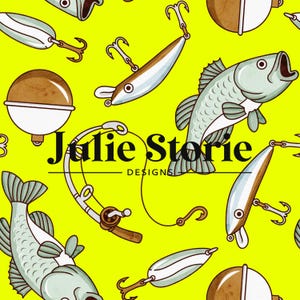 May include: A yellow background with a repeating pattern of fishing lures, fish, and fishing rods. The text "Julie Storie Designs" is in the center of the image.