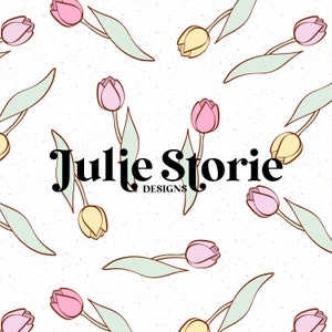 May include: A seamless pattern featuring pink and yellow tulips with green leaves on a white background. The text "Julie Storie Designs" is centred on the pattern.