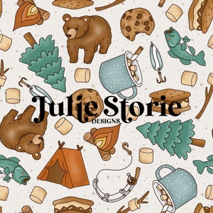 May include: A seamless pattern featuring camping and nature-themed illustrations. The pattern includes bears, trees, marshmallows, campfires, fishing rods, s'mores, and mugs of hot chocolate. The text "Julie Storie Designs" is featured in the centre of the pattern.
