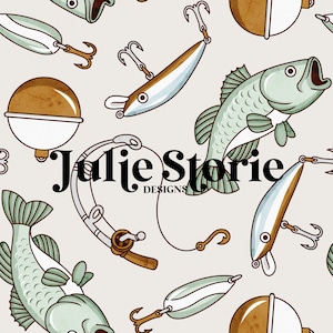 May include: A repeating pattern of fishing tackle, including lures, floats, and fish, in brown, white, and green on a light beige backdrop. The text "Julie Storie Designs" is visible. This design is ideal for those interested in angling.