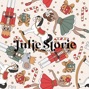 May include: A seamless pattern featuring a whimsical Christmas theme with illustrations of nutcrackers, rocking horses, ballerinas, candy canes, and presents. The pattern is set against a beige background with stars and the text "Julie Storie Designs".