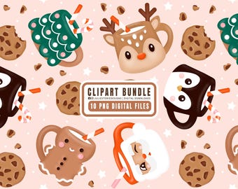 Clipart z kubkami świątecznymi, Clipart z kubkami Świętego Mikołaja, Clipart z bożonarodzeniowymi PNG, Cyfrowy Clipart z bożonarodzeniowymi