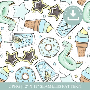 May include: A seamless digital pattern featuring illustrations of light green dinosaur pool floats, star-shaped sunglasses, ice cream cones, iced drinks with lemon slices, and donuts on a white background with text 2 PNG | 12" X 12" SEAMLESS PATTERN.
