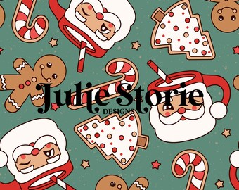 May include: A seamless pattern featuring a variety of Christmas-themed illustrations, including gingerbread men, candy canes, Christmas trees, and mugs with Santa Claus faces. The background is a teal green colour with a speckled texture.