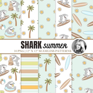 Shark Summer Seamless Pattern Bundle for Kids Clothing - Beach Shark Digital Paper Prints