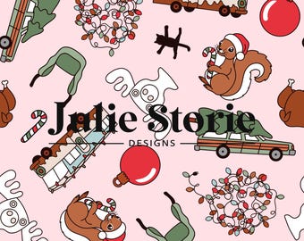 May include: A pink background with a repeating pattern of Christmas-themed illustrations. The illustrations include a van with a Christmas tree on top, a squirrel holding a candy cane, a moose, a wreath of lights, and a vintage station wagon. The text "Julie Storie Designs" is in the center of the pattern.