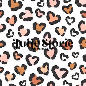Peut inclure: Un motif sans couture composé de cœurs roses et orange avec des contours noirs sur un fond blanc. Le texte "Julie Storie Designs" est centré sur le motif.