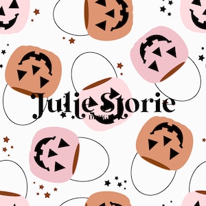 May include: A repeating pattern of Halloween pumpkin buckets in shades of pink and brown, with black carved faces and handles. Small brown and black stars are scattered across the white background. The text "Julie Storie Design" is in the center.