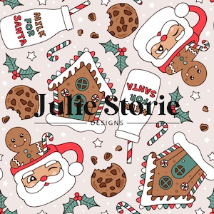 May include: A repeating pattern with Christmas illustrations. The design includes gingerbread houses, Santa Claus mugs, milk bottles labelled "Milk for Santa", cookies, candy canes, holly, and stars on a pale pink background.