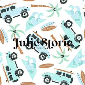 May include: A seamless pattern featuring light blue off-road vehicles with surfboards on the roof, palm trees, and blue waves. The text "Julie Storie Designs" is centered in the pattern.