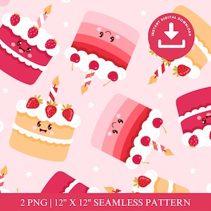 Può includere: Un motivo ripetuto di torte di compleanno a cartoni animati con candele, fragole e ciliegie su sfondo rosa chiaro. Le torte hanno facce sorridenti e sono nelle tonalità del rosso, del rosa e del giallo. Il testo "2 PNG | 30,48 cm x 30,48 cm MOTIVO SENZA GIUNTE" è incluso.