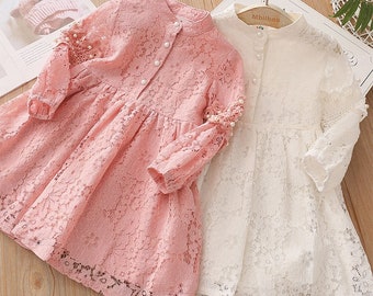 White Girl Wedding Dress, Lace Dress | Long Sleeve Princess Dress | Toddler Girl Bridesmaid Dress | Flower Girl Pink, White Lace Dress