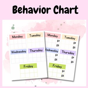 Könnte beinhalten: Ein druckbarer Verhaltenskalender mit Aquarellhintergrund. Der Kalender ist in Wochentage unterteilt: Montag, Dienstag, Mittwoch, Donnerstag und Freitag. Jeder Tag hat einen Bereich, um 1 € und 5 € zu verdienen.