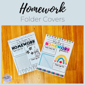 May include: Two printable homework folder covers with colorful designs. The first cover has a black and white design with stars, a sun, and a stack of books. The second cover has a rainbow, a red apple, and a colorful pencil design. Both covers have space for a student's name, teacher contact information, and student login information.