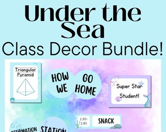 Paquete de decoración para el aula Bajo el mar Bonito tema oceánico Azul Primaria Intermedia Recursos para maestros Decoraciones Matemáticas ELA Pósteres de pared Regalo