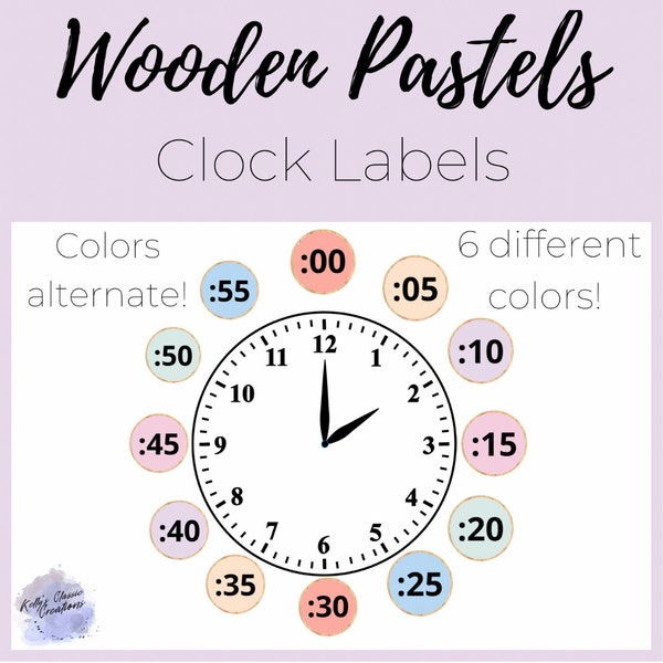 Boho modern wooden pastel classroom clock time labels printable elementary classroom decor bundle comfort colors ESE music math Spanish