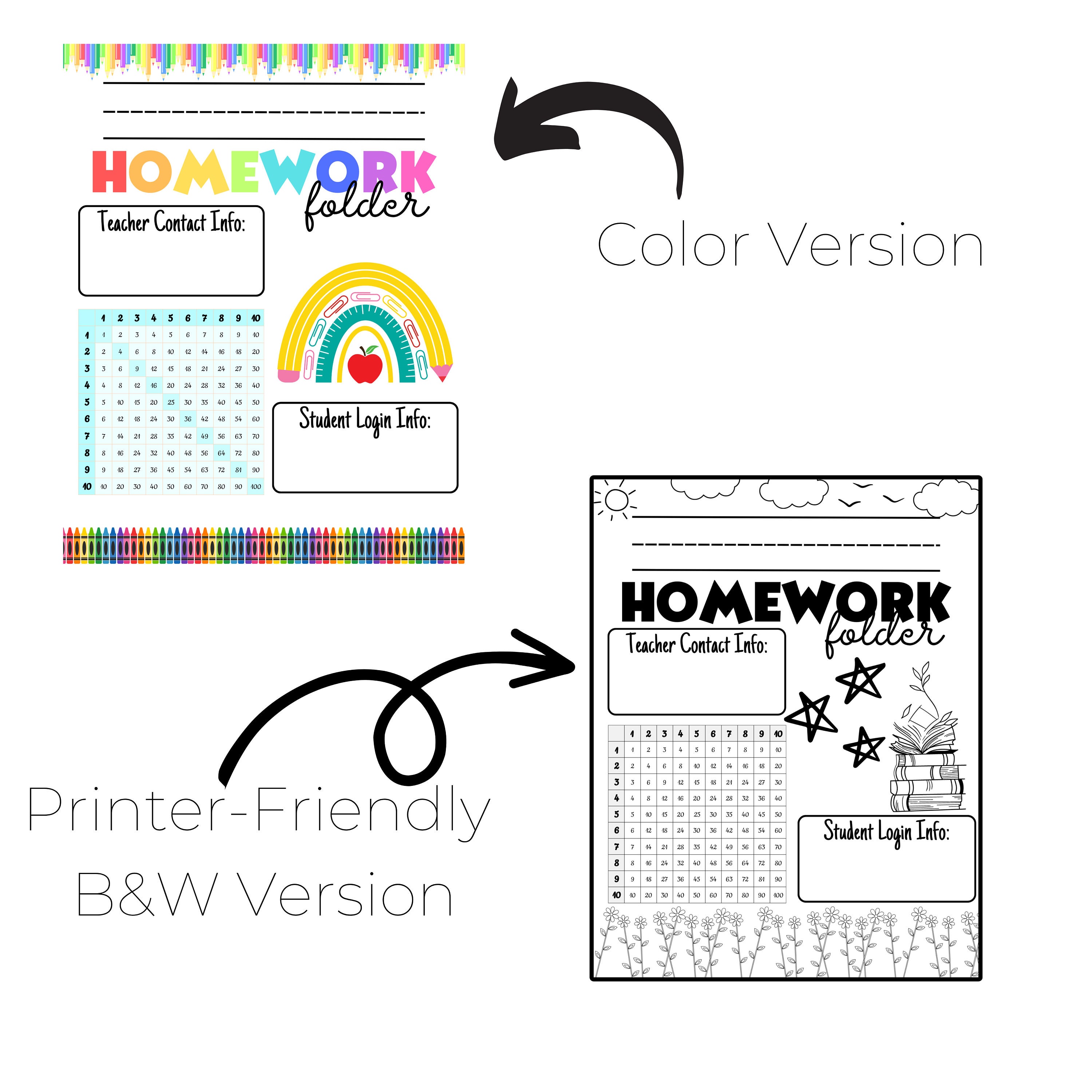 Homework Folder Cover Sheet Color and Black & White Versions Printer ...