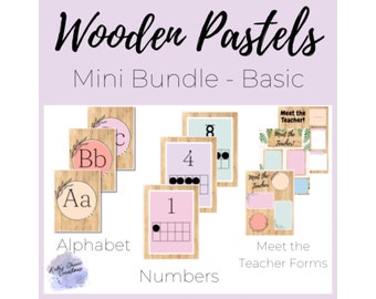 Boho moderno pastel de madera Mini Basic Bundle números de carteles del alfabeto del aula cumplen con el paquete de decoración del aula del maestro imprimible elemental