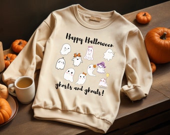 Happy Halloween Ghosts and Ghouls Gildan 1800 sudadera de cuello redondo maestro suéter maestro de primaria ciencia primaria otoño amante otoño