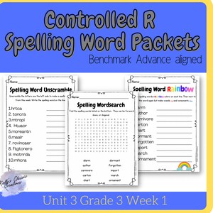 May include: A set of three printable worksheets for spelling practice. The worksheets feature a word unscramble, word search, and rainbow spelling activity. The worksheets are titled "Spelling Word Unscramble", "Spelling Wordsearch", and "Spelling Word Rainbow". The worksheets are designed for Unit 3, Grade 3, Week 1.
