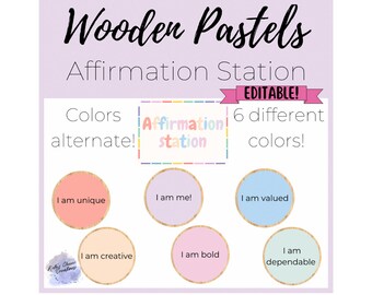 Boho moderno pastel de madera estación de afirmación de aula imprimible decoración de aula primaria paquete confort colores ESE música matemáticas español