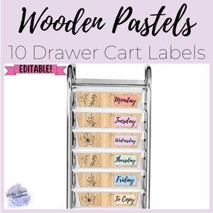 Boho moderne bewerkbare houten pastel klaslokaal 10 lade kar labels afdrukbare elementaire klas decor bundel comfort kleuren ESE muziek wiskunde