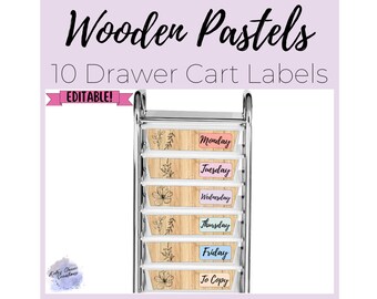 Boho moderno editable madera pastel aula 10 cajones carro etiquetas imprimible aula primaria decoración paquete colores comodidad ESE música matemáticas