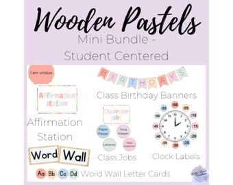 Boho moderno pastel de madera Mini estudiante centrado Paquete cumpleaños palabra reloj de pared trabajos afirmación decoración del aula paquete imprimible elemental