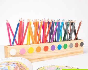 Montessori wood pencil holder, crayon holder, adult coloring, wood desc organizer, artist pencil organizer, pen box, desk storage