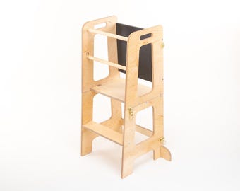 Taburete de aprendizaje Montessori 3-en-1 con tobogán y pizarra para niños a partir de 1 año