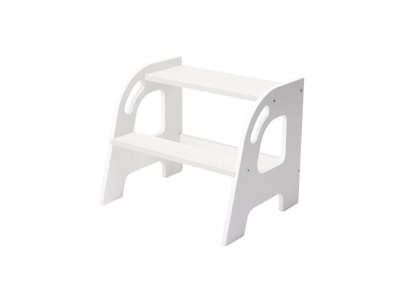 White two-step step stool made out of plywood. Color white. Holds up to 130kg made by DeveKids model KLEC