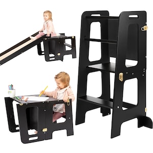 Black 2-in-1 KLOK2 Montessori learning tower: shown as a standing tower, transformed into a table, and with a slide attachment. Versatile design for children's activities and play.