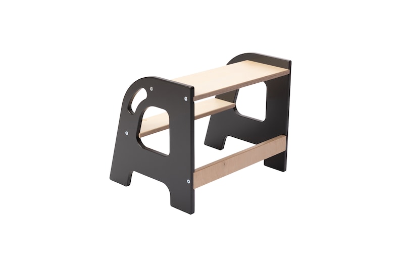 Black two-step step stool made out of plywood. Color black and wood.Holds up to 130kg made by DeveKids model KLEC