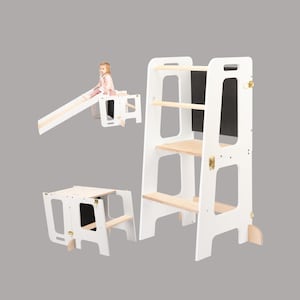 Taburete de aprendizaje Montessori 2-en-1 con tobogán y pizarra para niños a partir de 1 año