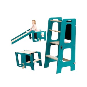 Taburete de aprendizaje de cocina Tower 3 en 1 con tobogán y pizarra para niños pequeños de 1 año en adelante.