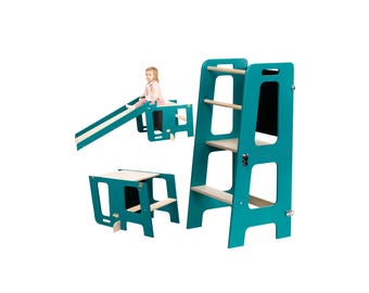 Taburete de cocina 3 en 1 Tower con tobogán y pizarra para niños a partir de 1 año.