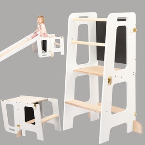 Taburete de aprendizaje Montessori 2-en-1 con tobogán y pizarra para niños a partir de 1 año