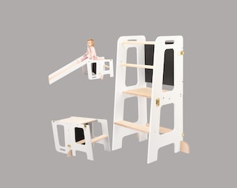 Taburete de cocina 3 en 1 Tower con tobogán y pizarra para niños a partir de 1 año.