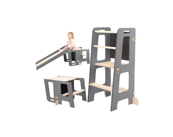 Taburete de cocina 3 en 1 Tower con tobogán y pizarra para niños a partir de 1 año.