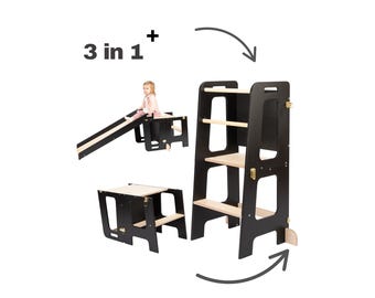 Taburete de aprendizaje Montessori 3-en-1 con tobogán y pizarra para niños a partir de 1 año