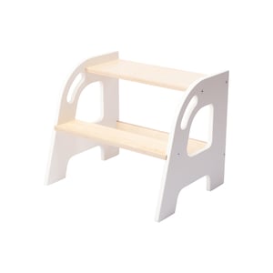 May include: White wooden step stool with two steps. The top step is made of natural wood.